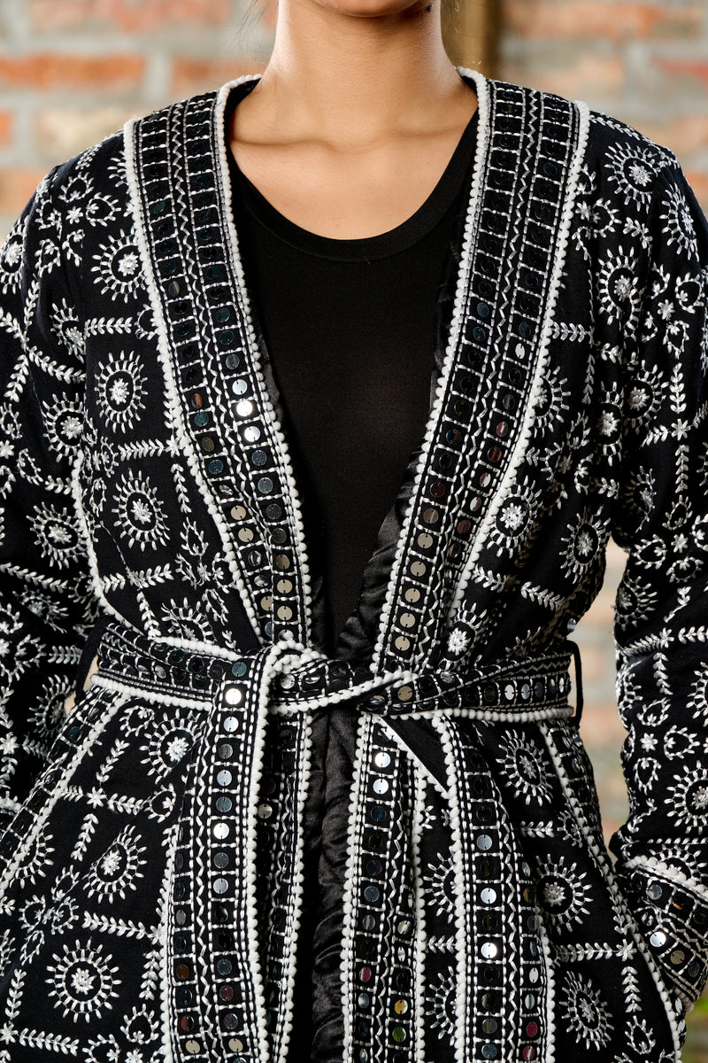 Hand-Embroidered Long Coat in Black & White