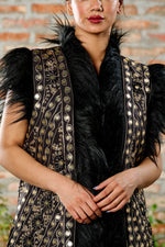 Silver Hand-Embroidered Long Vest in Black