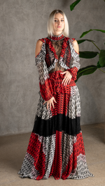 Red and Black Printed Cold Shoulder Gown