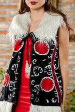 Hand-Embroidered Gilet in Black/Red/White