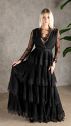 Long Sleeve Lace Layered Gown in Black