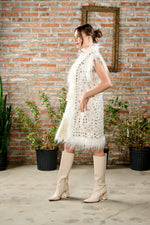 Gold Hand-Embroidered Long Vest in Cream