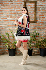 Hand-Embroidered Gilet in Black/Red/White