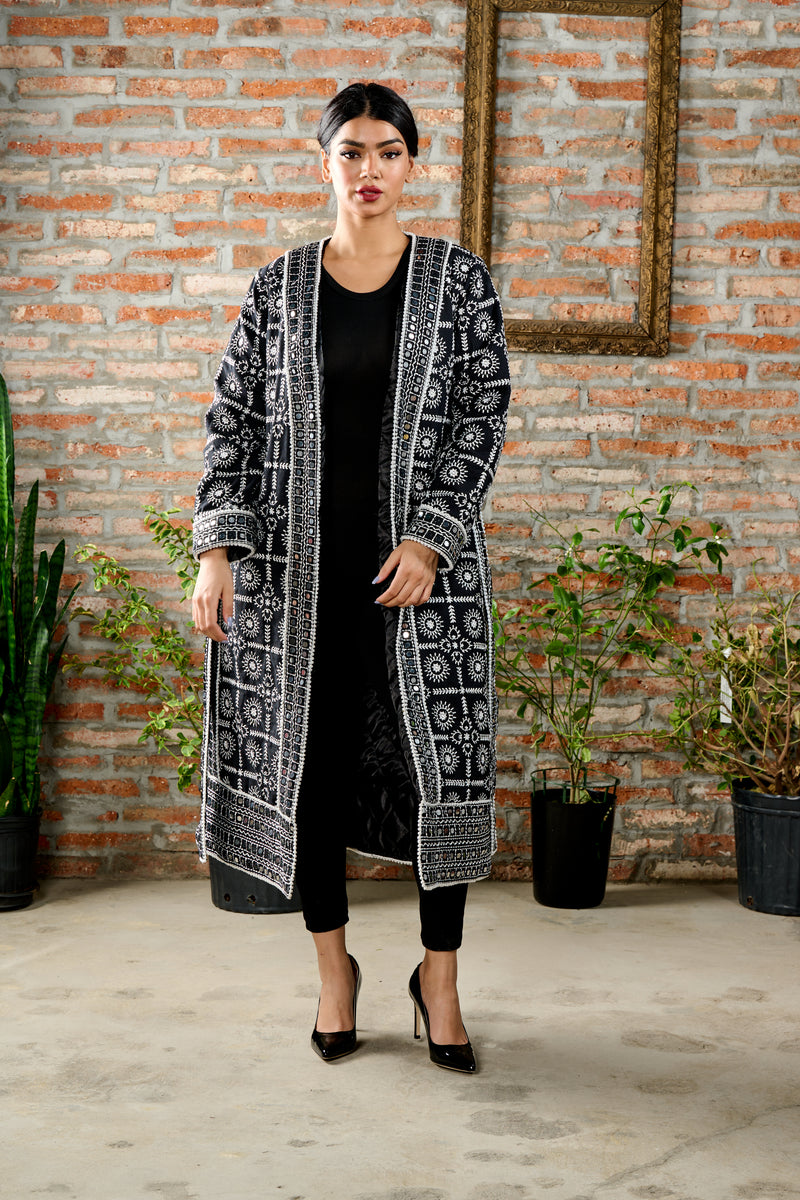 Hand-Embroidered Long Coat in Black & White