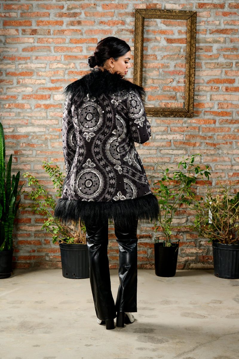 Silver Hand-Embroidered Short Coat in Black