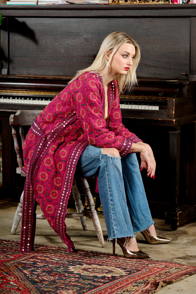 Hand-Embroidered Long Coat in Fuchsia Pink