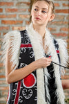 Hand-Embroidered Long Vest in Black/Red/White