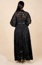 V Neck Lace Applique Maxi Black Dress