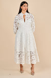 V Neck Lace Applique Midi White Dress