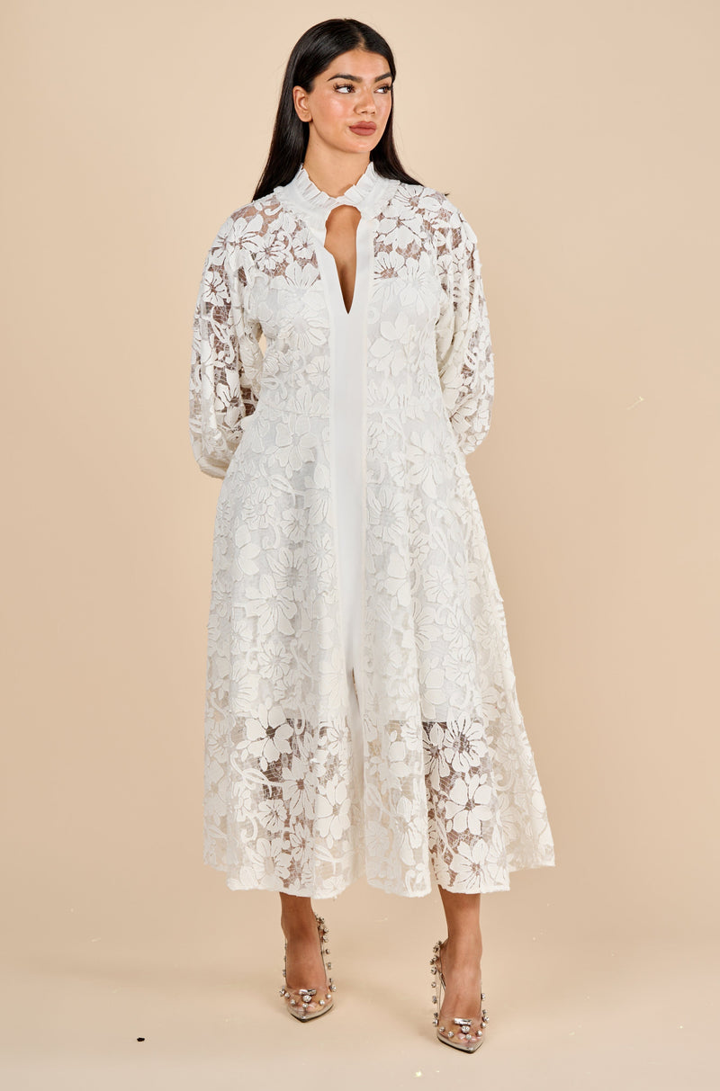 V Neck Lace Applique Midi White Dress