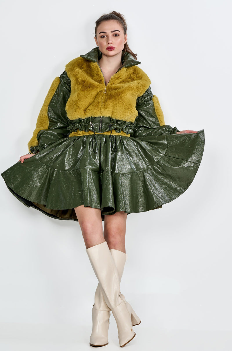 Faux Fur Jacket & Flared Skirt in Forest Green