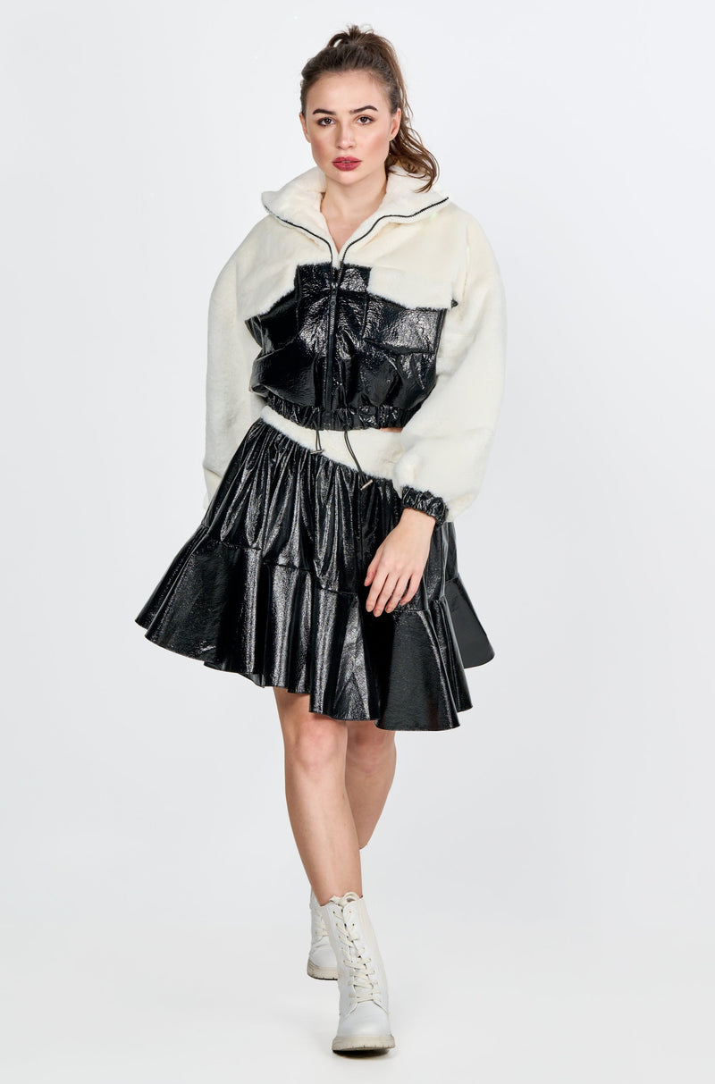 Faux Fur Jacket & Flared Skirt in Black