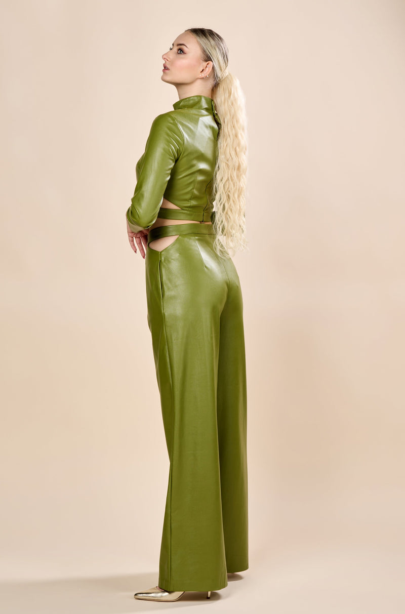 Faux Leather Top & Pant Set in Green