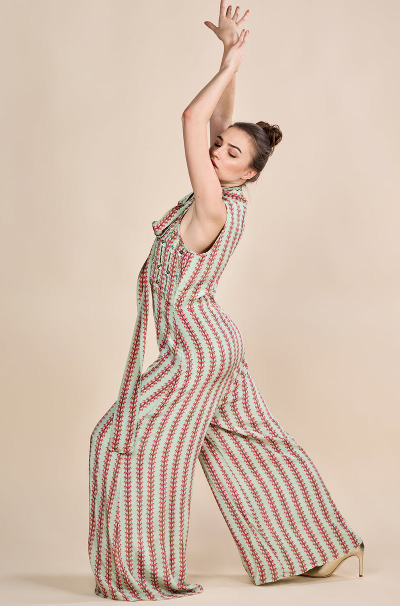 Embroidered Printed Low Cut Jumpsuit
