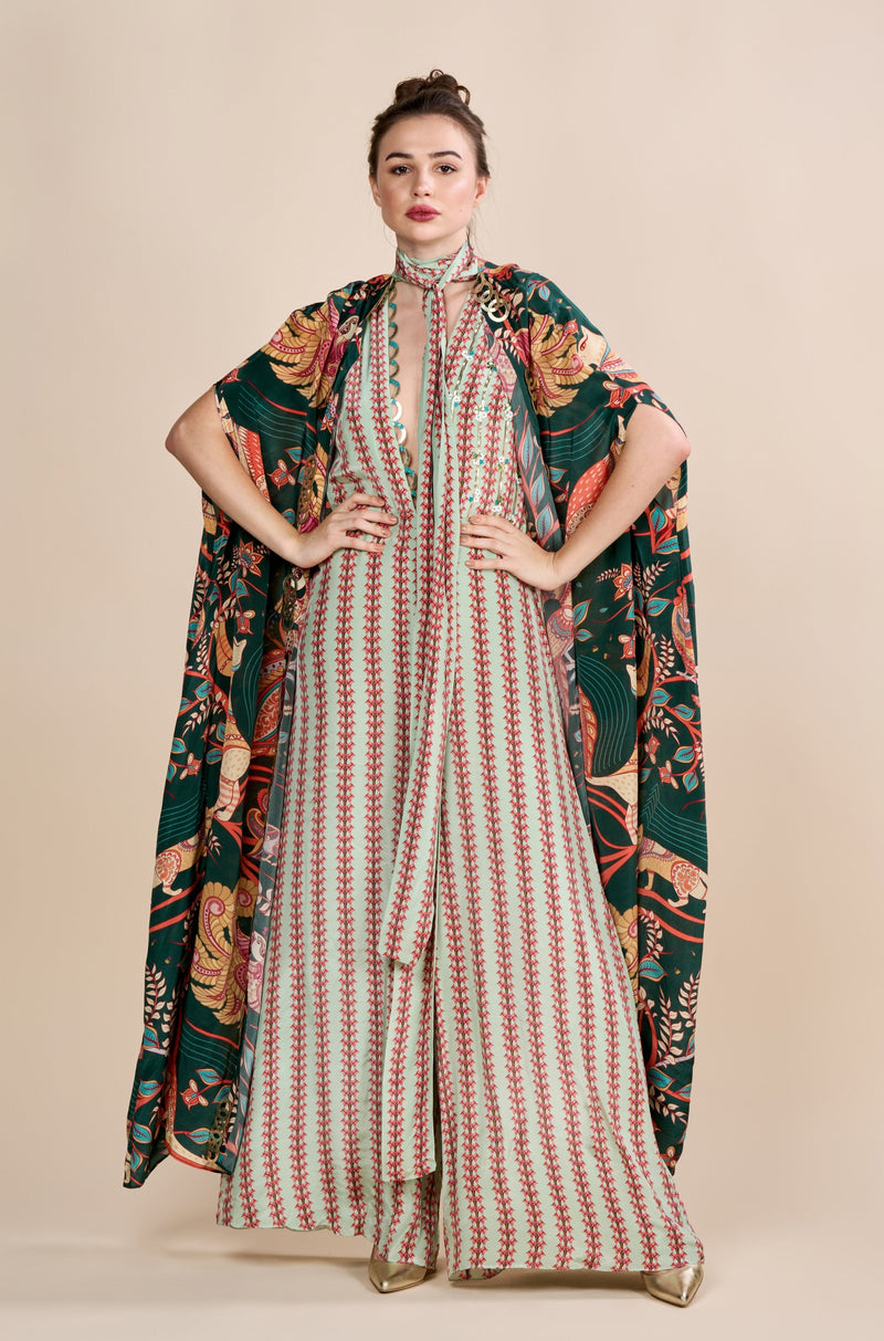 Flora Fauna Printed Jumpsuit with Cape