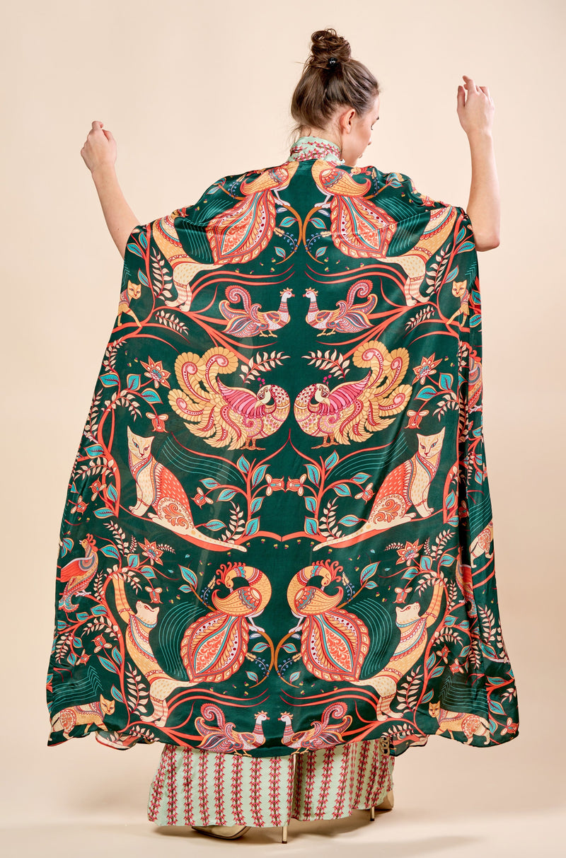 Flora Fauna Printed Jumpsuit with Cape