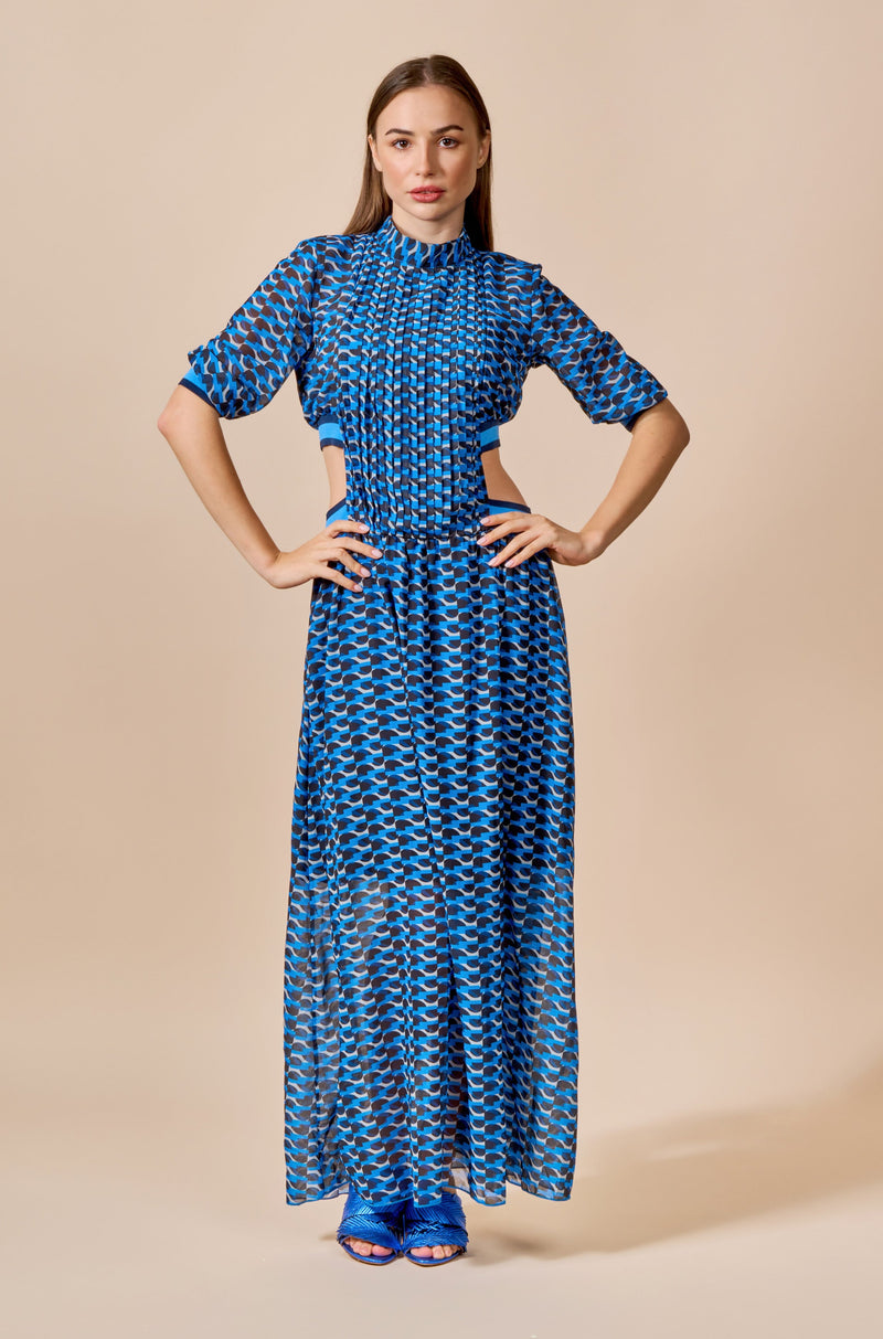 Waist Cut Out Pattern Maxi Dress with Sleeves