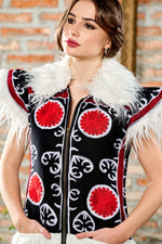 Hand-Embroidered Zip-up Dress in Black/Red/White