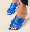 Feather Midi Heeled Sandals in Metallic Blue