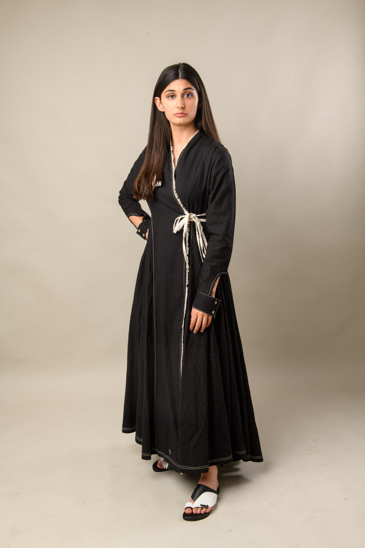 Long Wrap Dress in Black with Slit
