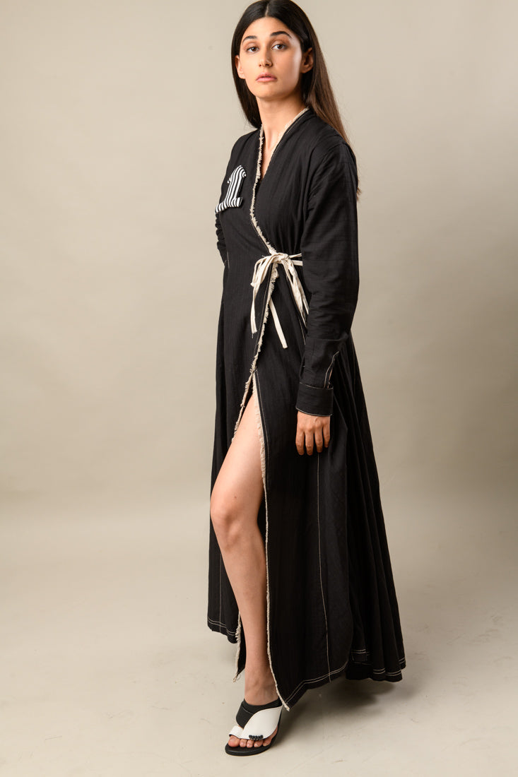 Long Wrap Dress in Black with Slit