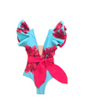 Pink-Blue Ruffle Swimsuit With Sarong