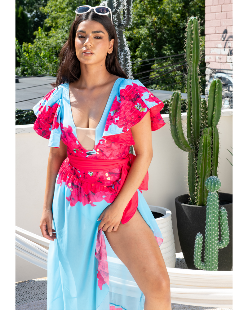 Pink-Blue Ruffle Swimsuit With Sarong
