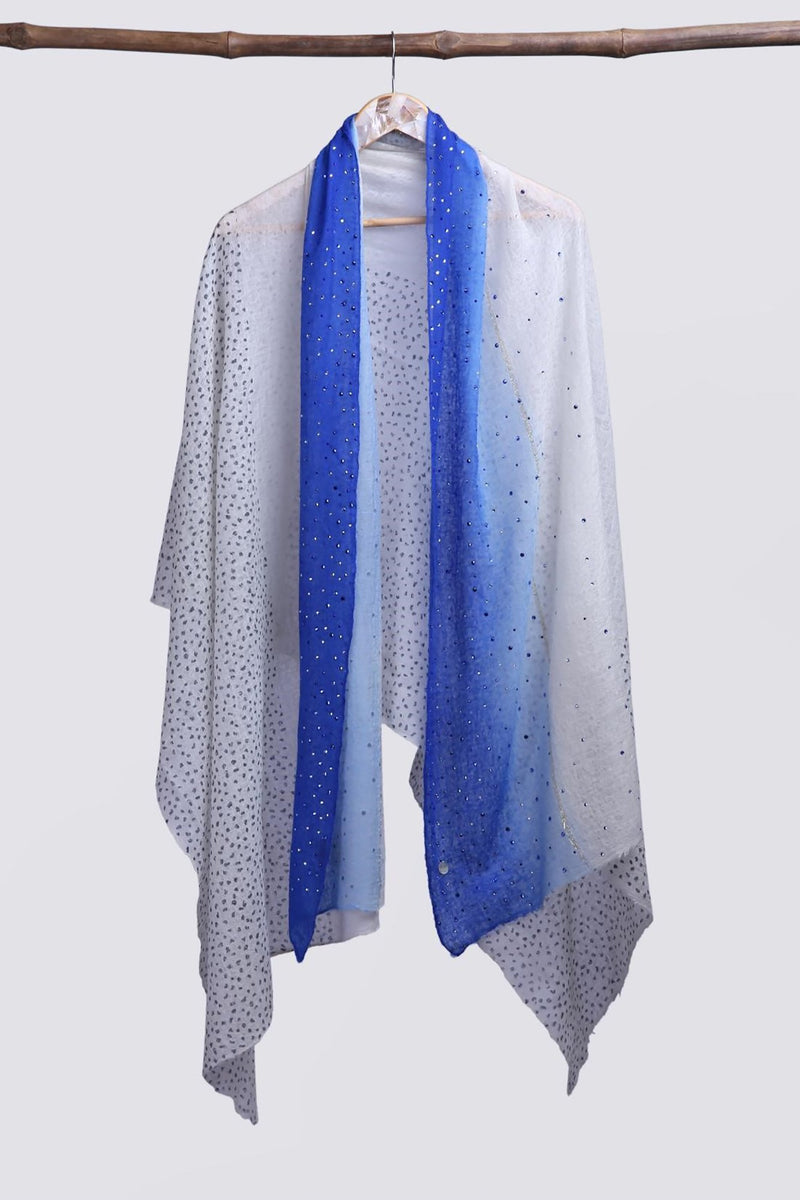 Ombre Cashmere Scarf with Hand Block Print and Swarovski