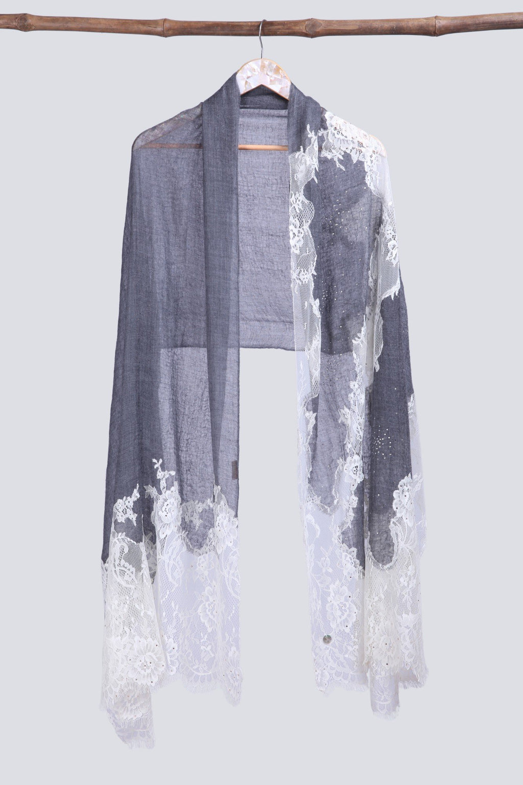 Handcrafted Soft Cashmere Scarf with French Lace and Swarovski