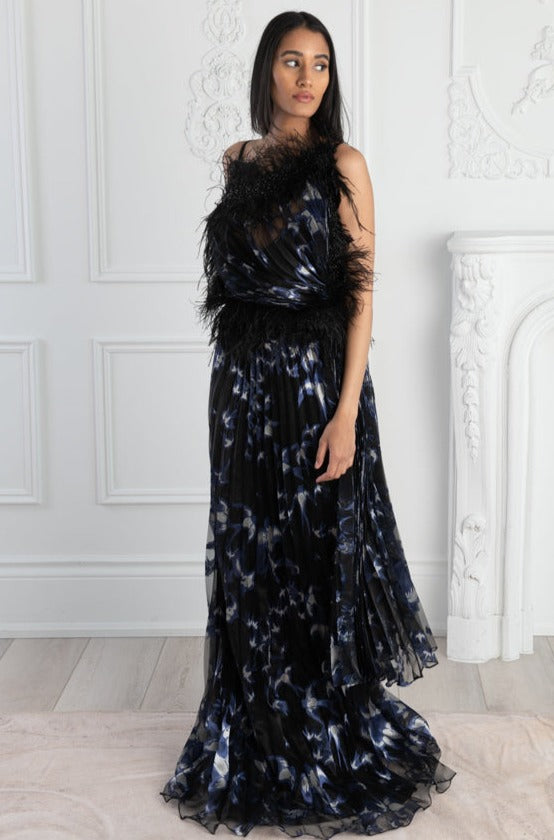 Navy Feather Pleated Gown