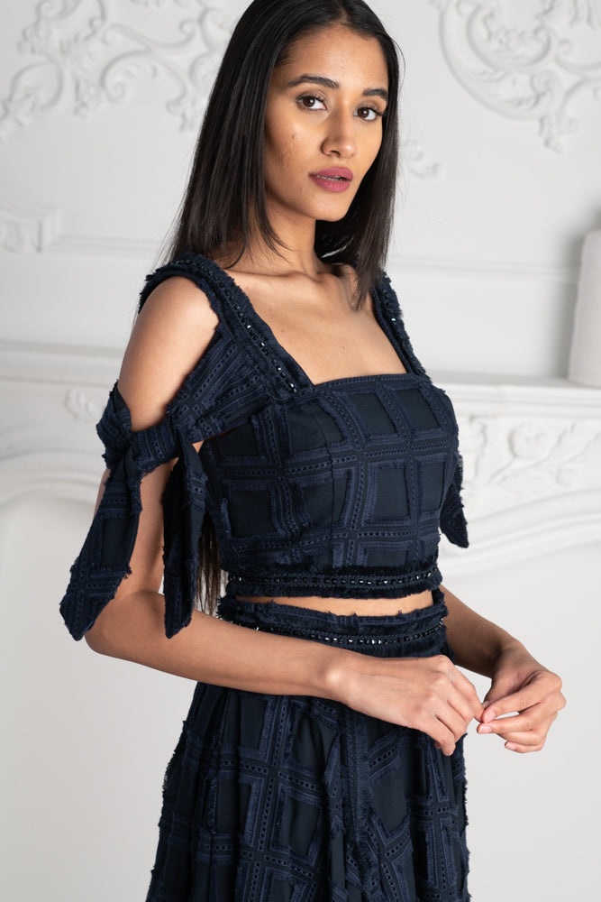Navy Embroidered Top With Embroidery And Bow Detail