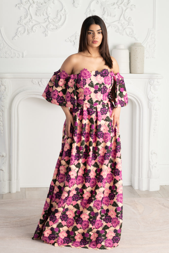 Floral Balloon Sleeve Gown