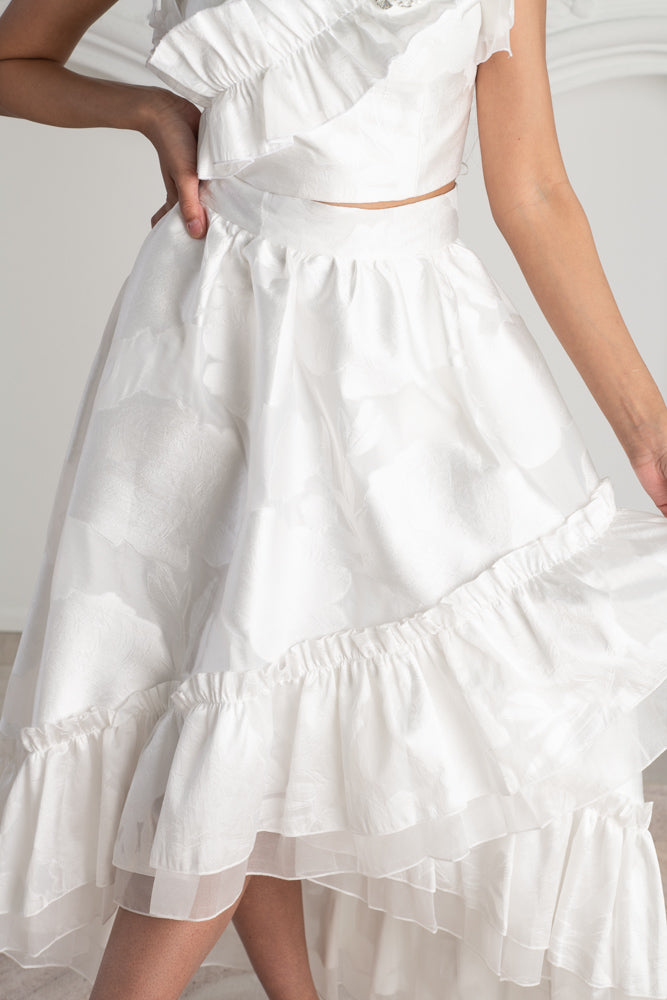 Ruffle Detailed Embroidered White Top & Skirt Set