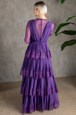 Layered Pleated Purple Gown with Sleeves